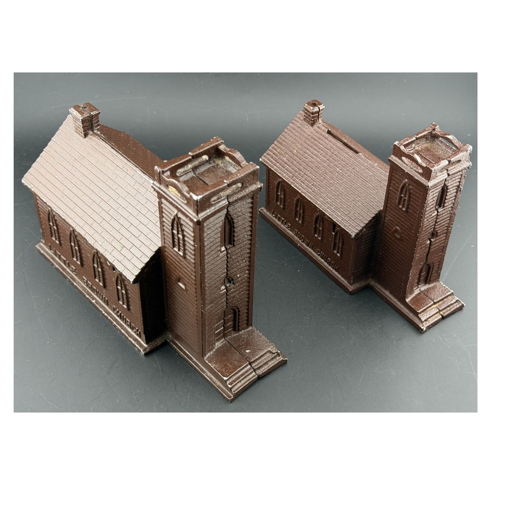 Vintage Little Brown Church In The Vale: Music Box & Coin Bank, Cast Metal Pair